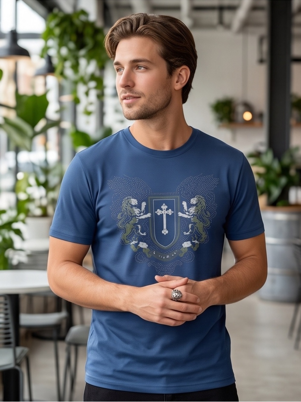 Roku Men's Blue Graphic Shield T-Shirt rhinestone 2 lions cross modern fit
